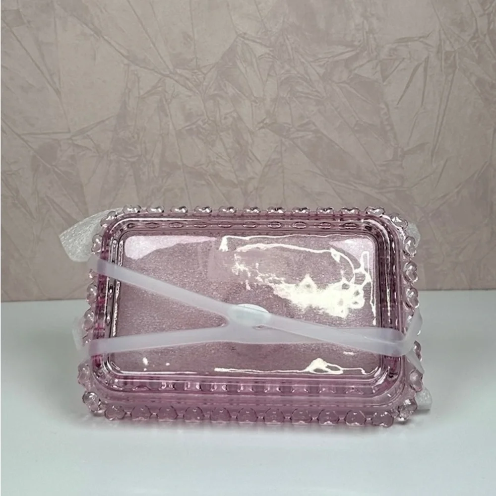 Pink Glass Butter Dish with Heart Handle